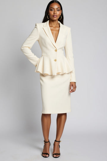 Ivory Notched Lapel Two-piece Ruffled Bodycon Midi Work Dress